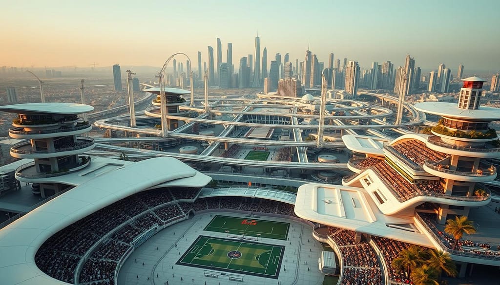 A futuristic cityscape of modular, interconnected sports stadiums, seamlessly integrated into the urban landscape. The stadiums feature sleek, modular designs with interchangeable components, allowing for flexible configuration and repurposing. In the foreground, a central plaza showcases a dynamic sports event, with spectators in the stands and athletes on the field. The middle ground depicts a network of elevated walkways and bridges, connecting the stadiums to surrounding residential and commercial districts. In the background, a skyline of gleaming skyscrapers and renewable energy infrastructure creates a vision of a sustainable, sports-centric future city. Warm, diffused lighting casts a sense of optimism and progress, while a cinematic camera angle captures the scale and integration of this innovative urban design. A futuristic cityscape of modular, interconnected sports stadiums, seamlessly integrated into the urban landscape. The stadiums feature sleek, modular designs with interchangeable components, allowing for flexible configuration and repurposing. In the foreground, a central plaza showcases a dynamic sports event, with spectators in the stands and athletes on the field. The middle ground depicts a network of elevated walkways and bridges, connecting the stadiums to surrounding residential and commercial districts. In the background, a skyline of gleaming skyscrapers and renewable energy infrastructure creates a vision of a sustainable, sports-centric future city. Warm, diffused lighting casts a sense of optimism and progress, while a cinematic camera angle captures the scale and integration of this innovative urban design.