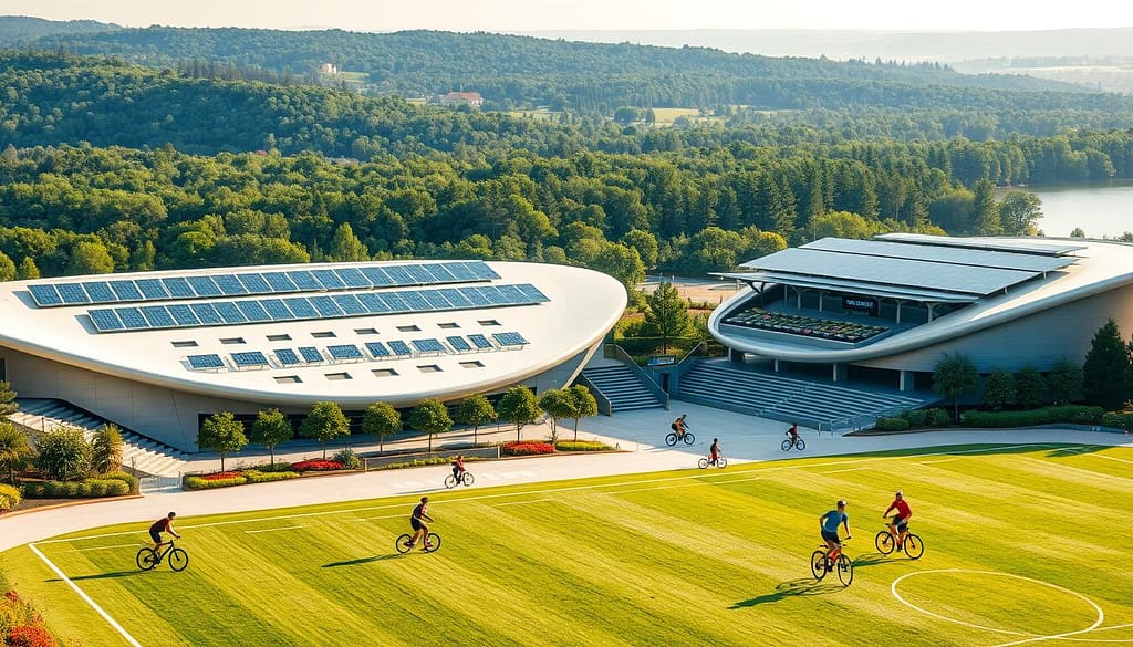 A sprawling, architecturally-stunning sports stadium, its sleek exterior and landscaping seamlessly integrated with the surrounding natural environment. Solar panels adorn the rooftops, blending form and function. In the foreground, athletes engage in a variety of eco-friendly sports activities - cycling, running, and playing on a lush, synthetic turf field. The lighting is warm and natural, casting a soft glow over the scene. In the distance, a verdant landscape with towering trees and a tranquil lake completes the picturesque, sustainable setting. The overall atmosphere conveys a harmonious balance between human endeavor and environmental preservation. A sprawling, architecturally-stunning sports stadium, its sleek exterior and landscaping seamlessly integrated with the surrounding natural environment. Solar panels adorn the rooftops, blending form and function. In the foreground, athletes engage in a variety of eco-friendly sports activities - cycling, running, and playing on a lush, synthetic turf field. The lighting is warm and natural, casting a soft glow over the scene. In the distance, a verdant landscape with towering trees and a tranquil lake completes the picturesque, sustainable setting. The overall atmosphere conveys a harmonious balance between human endeavor and environmental preservation.