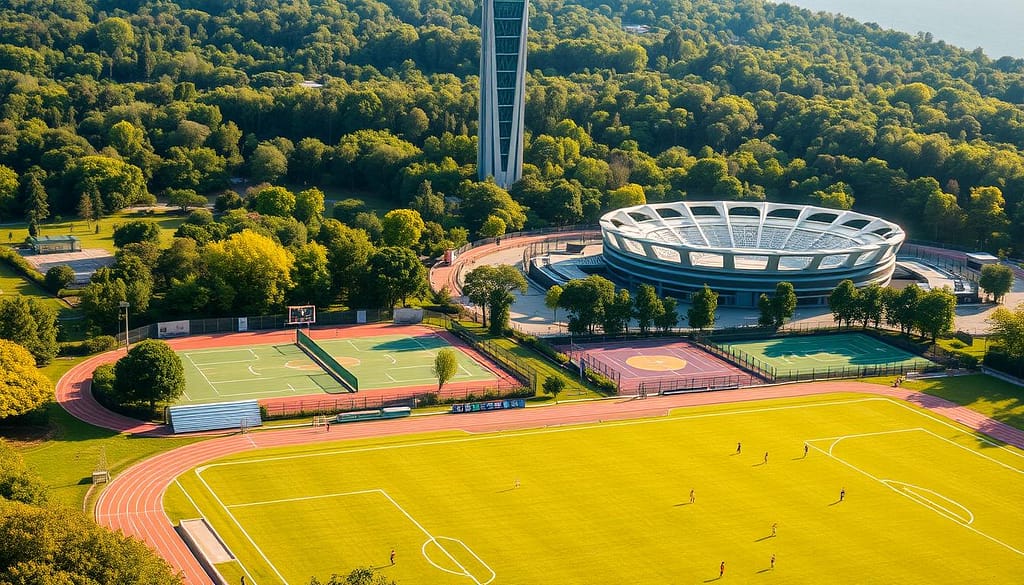 A sprawling sports complex nestled within a lush, verdant landscape. In the foreground, a well-manicured soccer field with players in action, surrounded by a running track and bleachers. In the middle ground, a basketball court flanked by tennis courts, all bathed in the warm glow of the afternoon sun. In the background, a towering stadium with sleek, modern architecture rises amidst a canopy of mature trees, their branches swaying gently in the breeze. The entire scene is infused with a sense of community, where people of all ages come together to enjoy the benefits of outdoor recreation and green spaces. A sprawling sports complex nestled within a lush, verdant landscape. In the foreground, a well-manicured soccer field with players in action, surrounded by a running track and bleachers. In the middle ground, a basketball court flanked by tennis courts, all bathed in the warm glow of the afternoon sun. In the background, a towering stadium with sleek, modern architecture rises amidst a canopy of mature trees, their branches swaying gently in the breeze. The entire scene is infused with a sense of community, where people of all ages come together to enjoy the benefits of outdoor recreation and green spaces.