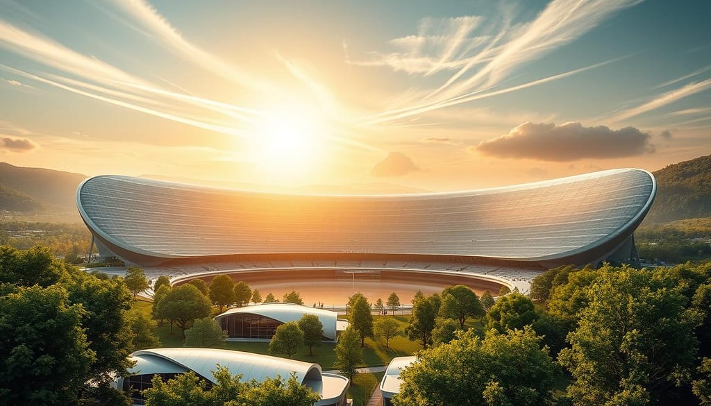 A vast, sustainable sports stadium nestled in a lush, rolling landscape. The facade features gleaming solar panels that harness the sun's energy, seamlessly integrated into the architectural design. The stadium's curved, futuristic silhouette reflects in a tranquil lake, creating a serene, harmonious scene. Sleek, modern structures in the foreground are surrounded by verdant trees and greenery, blending nature and technology. Warm, golden light filters through wispy clouds, casting a soft, inviting glow over the entire scene. The overall impression is one of innovation, environmental consciousness, and a commitment to a sustainable future for sports and the community. A vast, sustainable sports stadium nestled in a lush, rolling landscape. The facade features gleaming solar panels that harness the sun's energy, seamlessly integrated into the architectural design. The stadium's curved, futuristic silhouette reflects in a tranquil lake, creating a serene, harmonious scene. Sleek, modern structures in the foreground are surrounded by verdant trees and greenery, blending nature and technology. Warm, golden light filters through wispy clouds, casting a soft, inviting glow over the entire scene. The overall impression is one of innovation, environmental consciousness, and a commitment to a sustainable future for sports and the community.