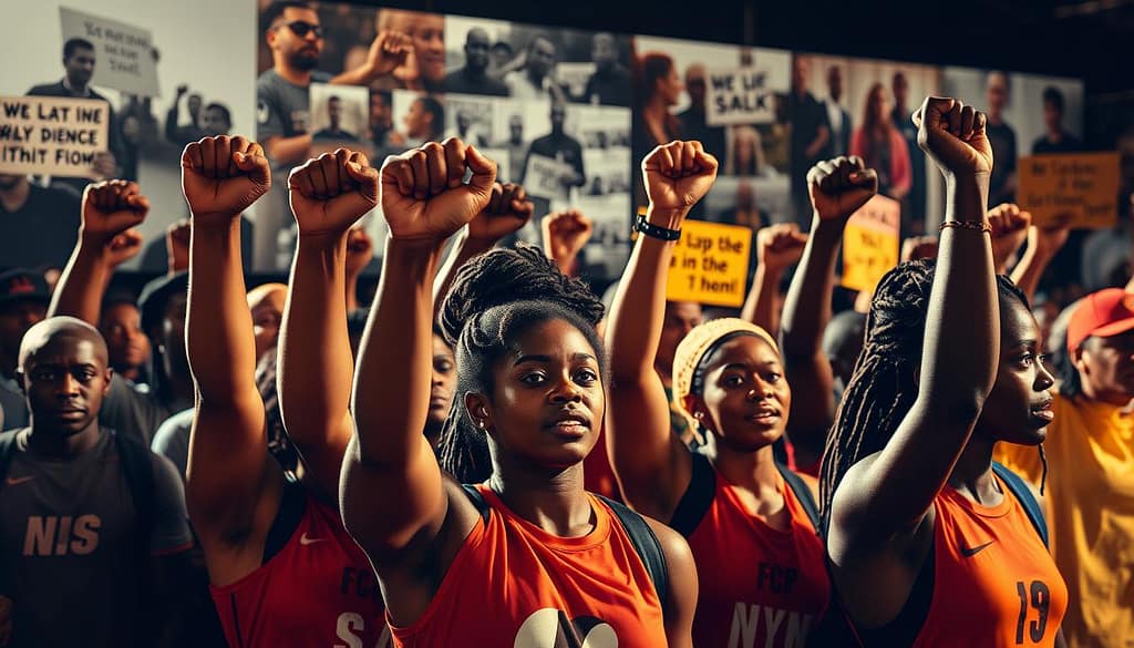 A vibrant and impactful scene of athlete-led social justice campaigns that have succeeded in driving meaningful change. In the foreground, a diverse group of determined athletes raise fists in solidarity, their faces alight with triumph. Behind them, a series of striking visuals unfold - powerful protest marches, community outreach programs, and iconic moments of athletes using their platforms to amplify crucial causes. The scene is bathed in warm, golden lighting, evoking a sense of hope and inspiration. The angle is slightly elevated, allowing the viewer to witness the scale and momentum of these movements. An atmosphere of unity, resilience, and the tangible impact of athlete activism permeates the frame. A vibrant and impactful scene of athlete-led social justice campaigns that have succeeded in driving meaningful change. In the foreground, a diverse group of determined athletes raise fists in solidarity, their faces alight with triumph. Behind them, a series of striking visuals unfold - powerful protest marches, community outreach programs, and iconic moments of athletes using their platforms to amplify crucial causes. The scene is bathed in warm, golden lighting, evoking a sense of hope and inspiration. The angle is slightly elevated, allowing the viewer to witness the scale and momentum of these movements. An atmosphere of unity, resilience, and the tangible impact of athlete activism permeates the frame.