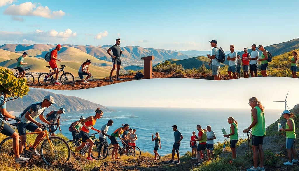 A vibrant, dynamic scene of diverse athletes engaged in various climate-focused initiatives. In the foreground, a group of runners, cyclists, and swimmers are planting trees, picking up litter, and leading a community rally. The middle ground features athletes speaking at a podium, hosting a renewable energy fair, and participating in a beach cleanup. In the background, a stunning natural landscape with rolling hills, a sparkling ocean, and a clear blue sky, illuminated by warm, golden-hour lighting. The mood is one of purpose, collaboration, and a shared determination to drive positive environmental change. A vibrant, dynamic scene of diverse athletes engaged in various climate-focused initiatives. In the foreground, a group of runners, cyclists, and swimmers are planting trees, picking up litter, and leading a community rally. The middle ground features athletes speaking at a podium, hosting a renewable energy fair, and participating in a beach cleanup. In the background, a stunning natural landscape with rolling hills, a sparkling ocean, and a clear blue sky, illuminated by warm, golden-hour lighting. The mood is one of purpose, collaboration, and a shared determination to drive positive environmental change.