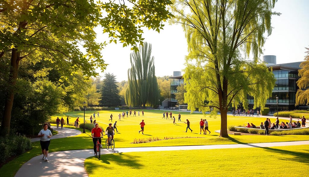 A vibrant, green city park bustling with active people engaged in various sports and wellness activities. In the foreground, a group of joggers and cyclists navigating a paved path flanked by lush, verdant foliage. In the middle ground, a soccer game underway on a well-manicured pitch, surrounded by towering, sun-dappled trees. In the background, a modern sports complex with a sleek, glass façade and an adjacent community garden. The scene is bathed in warm, golden sunlight, conveying a sense of health, vitality, and harmony between urban infrastructure and natural elements. A vibrant, green city park bustling with active people engaged in various sports and wellness activities. In the foreground, a group of joggers and cyclists navigating a paved path flanked by lush, verdant foliage. In the middle ground, a soccer game underway on a well-manicured pitch, surrounded by towering, sun-dappled trees. In the background, a modern sports complex with a sleek, glass façade and an adjacent community garden. The scene is bathed in warm, golden sunlight, conveying a sense of health, vitality, and harmony between urban infrastructure and natural elements.
