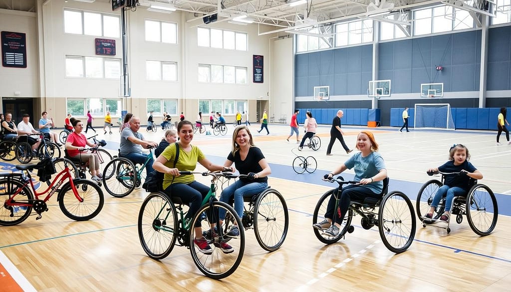 A vibrant, inclusive sports arena filled with a diverse array of adaptive equipment designed to enable physical activity for individuals with diverse abilities. The foreground showcases a range of specialized bicycles, wheelchairs, and assistive devices being utilized by smiling, active participants. The middle ground features an accessible playing field with adjustable basketball hoops, soft flooring, and specialized sports equipment. The background depicts a modern, well-lit facility with large windows, allowing natural light to flood the space and create a warm, welcoming atmosphere. The scene conveys a sense of community, empowerment, and a celebration of the transformative power of inclusive sports. A vibrant, inclusive sports arena filled with a diverse array of adaptive equipment designed to enable physical activity for individuals with diverse abilities. The foreground showcases a range of specialized bicycles, wheelchairs, and assistive devices being utilized by smiling, active participants. The middle ground features an accessible playing field with adjustable basketball hoops, soft flooring, and specialized sports equipment. The background depicts a modern, well-lit facility with large windows, allowing natural light to flood the space and create a warm, welcoming atmosphere. The scene conveys a sense of community, empowerment, and a celebration of the transformative power of inclusive sports.