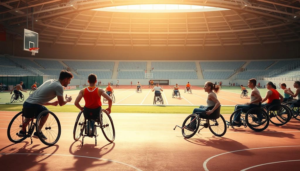 A vibrant, inclusive sports scene featuring a diverse group of athletes in wheelchairs engaged in various adaptive sports activities. The foreground depicts a dynamic basketball game, with players maneuvering their chairs with skill and determination. In the middle ground, a track and field event is underway, showcasing sprinters and wheelchair racers pushing themselves to the limit. The background reveals a welcoming, accessible sports complex with ample space for spectators to cheer on the participants. Warm, natural lighting illuminates the scene, casting a sense of empowerment and camaraderie. The overall atmosphere conveys a spirit of inclusivity, resilience, and the transformative power of adaptive sports. A vibrant, inclusive sports scene featuring a diverse group of athletes in wheelchairs engaged in various adaptive sports activities. The foreground depicts a dynamic basketball game, with players maneuvering their chairs with skill and determination. In the middle ground, a track and field event is underway, showcasing sprinters and wheelchair racers pushing themselves to the limit. The background reveals a welcoming, accessible sports complex with ample space for spectators to cheer on the participants. Warm, natural lighting illuminates the scene, casting a sense of empowerment and camaraderie. The overall atmosphere conveys a spirit of inclusivity, resilience, and the transformative power of adaptive sports.
