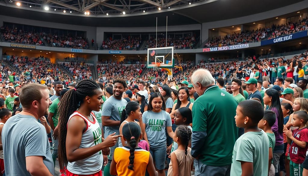 A vibrant sports arena filled with enthusiastic fans and players, showcasing a team's commitment to community engagement. In the foreground, athletes of diverse backgrounds enthusiastically interact with local children, sharing their passion for the sport and inspiring the next generation. In the middle ground, coaches and team staff coordinate various outreach activities, creating an atmosphere of inclusivity and camaraderie. In the background, a modern stadium with sleek architectural design and energy-efficient lighting sets the scene for this sustainable, community-driven event. The overall mood is one of positivity, teamwork, and a shared vision for a better future. A vibrant sports arena filled with enthusiastic fans and players, showcasing a team's commitment to community engagement. In the foreground, athletes of diverse backgrounds enthusiastically interact with local children, sharing their passion for the sport and inspiring the next generation. In the middle ground, coaches and team staff coordinate various outreach activities, creating an atmosphere of inclusivity and camaraderie. In the background, a modern stadium with sleek architectural design and energy-efficient lighting sets the scene for this sustainable, community-driven event. The overall mood is one of positivity, teamwork, and a shared vision for a better future.