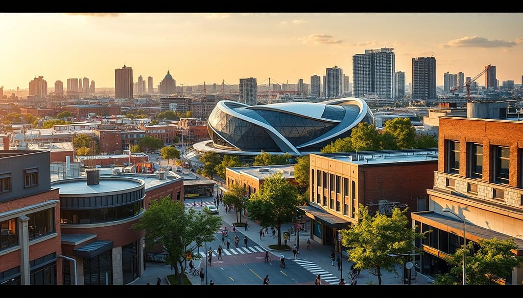 A vibrant urban landscape, bathed in warm afternoon light, showcases the legacy of a recent sporting event. In the foreground, a bustling street scene features a mix of modern architecture and repurposed industrial buildings, now thriving with local businesses and community hubs. Pedestrians and cyclists weave through the energetic flow, while lush greenery and public art installations lend a sense of vitality. In the middle ground, a striking sports arena stands as a testament to the event's impact, its sleek, angular design reflecting the city's newfound dynamism. The background reveals a panoramic view of the revitalized neighborhood, where high-rise towers, parks, and mixed-use developments seamlessly integrate, creating a harmonious blend of economic opportunity and community investment. A vibrant urban landscape, bathed in warm afternoon light, showcases the legacy of a recent sporting event. In the foreground, a bustling street scene features a mix of modern architecture and repurposed industrial buildings, now thriving with local businesses and community hubs. Pedestrians and cyclists weave through the energetic flow, while lush greenery and public art installations lend a sense of vitality. In the middle ground, a striking sports arena stands as a testament to the event's impact, its sleek, angular design reflecting the city's newfound dynamism. The background reveals a panoramic view of the revitalized neighborhood, where high-rise towers, parks, and mixed-use developments seamlessly integrate, creating a harmonious blend of economic opportunity and community investment.