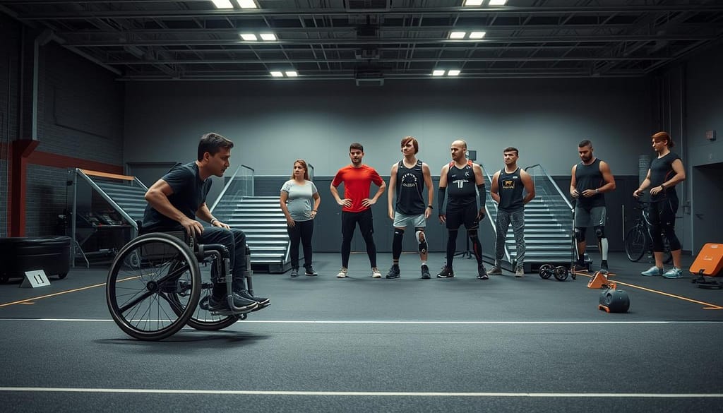 A well-lit, high-resolution, cinematic scene depicting the latest innovations in adaptive sports equipment and training. In the foreground, a person in a high-tech wheelchair navigates an obstacle course, their movements assisted by sophisticated exoskeleton technology. In the middle ground, a group of athletes test customized prosthetic limbs and specialized sports gear, their faces filled with determination. The background showcases a state-of-the-art training facility, with adjustable ramps, advanced motion tracking systems, and adaptive virtual reality setups. The scene conveys a sense of empowerment, progress, and the relentless drive to push the boundaries of what's possible for the differently abled. A well-lit, high-resolution, cinematic scene depicting the latest innovations in adaptive sports equipment and training. In the foreground, a person in a high-tech wheelchair navigates an obstacle course, their movements assisted by sophisticated exoskeleton technology. In the middle ground, a group of athletes test customized prosthetic limbs and specialized sports gear, their faces filled with determination. The background showcases a state-of-the-art training facility, with adjustable ramps, advanced motion tracking systems, and adaptive virtual reality setups. The scene conveys a sense of empowerment, progress, and the relentless drive to push the boundaries of what's possible for the differently abled.