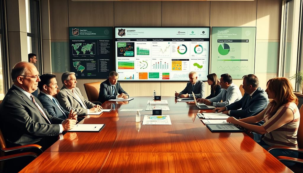 A boardroom scene of a professional sports league's sustainability leadership team, gathered around a large conference table. Soft, natural lighting filters through tall windows, casting a warm glow on the polished wood surfaces. In the foreground, the league commissioner and key executives are engaged in a thoughtful discussion, their expressions serious yet determined. Middle ground features sustainability experts, environmental consultants, and team representatives, collaborating on detailed plans and reports. In the background, a large wall display shows charts, diagrams, and video feeds highlighting the league's various green initiatives, from renewable energy to waste reduction. An atmosphere of focused, purposeful collaboration permeates the room, signifying the sports organization's commitment to environmental leadership. A boardroom scene of a professional sports league's sustainability leadership team, gathered around a large conference table. Soft, natural lighting filters through tall windows, casting a warm glow on the polished wood surfaces. In the foreground, the league commissioner and key executives are engaged in a thoughtful discussion, their expressions serious yet determined. Middle ground features sustainability experts, environmental consultants, and team representatives, collaborating on detailed plans and reports. In the background, a large wall display shows charts, diagrams, and video feeds highlighting the league's various green initiatives, from renewable energy to waste reduction. An atmosphere of focused, purposeful collaboration permeates the room, signifying the sports organization's commitment to environmental leadership.