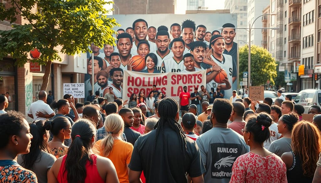 A bustling urban street scene, with a diverse group of community members gathered for a local sports activism initiative. In the foreground, people of all ages and backgrounds are engaged in lively discussions, strategizing ways to use sports as a platform for social change. Mid-ground, a makeshift stage stands ready for speeches and performances, the backdrop a mural depicting iconic sports heroes and activists. Warm, natural lighting bathes the scene, creating a sense of camaraderie and empowerment. The atmosphere is one of grassroots mobilization, where the power of sports and community converge to drive positive local impact. A bustling urban street scene, with a diverse group of community members gathered for a local sports activism initiative. In the foreground, people of all ages and backgrounds are engaged in lively discussions, strategizing ways to use sports as a platform for social change. Mid-ground, a makeshift stage stands ready for speeches and performances, the backdrop a mural depicting iconic sports heroes and activists. Warm, natural lighting bathes the scene, creating a sense of camaraderie and empowerment. The atmosphere is one of grassroots mobilization, where the power of sports and community converge to drive positive local impact.