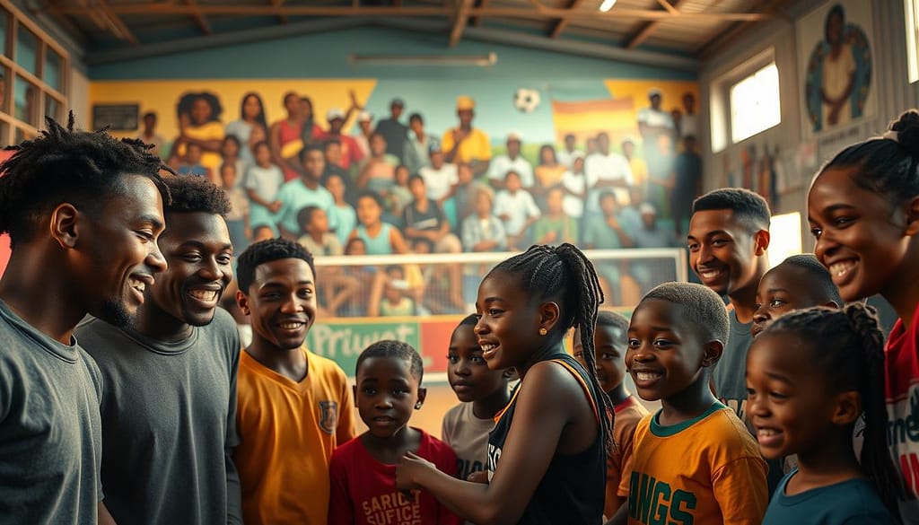 A diverse group of athletes engaged in a community outreach initiative, captured in a dynamic, cinéma vérité-style photograph. In the foreground, a team of young athletes enthusiastically interacting with local children, their expressions radiating warmth and dedication. The middle ground features a vibrant, well-equipped sports facility, conveying a sense of opportunity and empowerment. In the background, a mural depicting scenes of social justice and community pride sets the tone, illuminated by warm, golden-hour lighting that casts a hopeful glow over the entire scene. The overall mood is one of meaningful collaboration, showcasing the profound impact of athlete-led social impact programs. A diverse group of athletes engaged in a community outreach initiative, captured in a dynamic, cinéma vérité-style photograph. In the foreground, a team of young athletes enthusiastically interacting with local children, their expressions radiating warmth and dedication. The middle ground features a vibrant, well-equipped sports facility, conveying a sense of opportunity and empowerment. In the background, a mural depicting scenes of social justice and community pride sets the tone, illuminated by warm, golden-hour lighting that casts a hopeful glow over the entire scene. The overall mood is one of meaningful collaboration, showcasing the profound impact of athlete-led social impact programs.