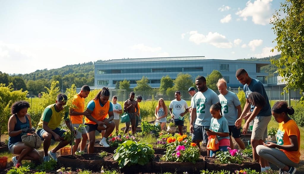 A diverse group of professional athletes engaged in various eco-friendly initiatives, set against a backdrop of lush greenery and a clear, sun-dappled sky. In the foreground, athletes are seen planting trees, collecting recyclables, and educating children on sustainability practices. The middle ground features a community garden tended by the athletes, with vibrant flowers and produce. In the background, a modern sports facility blends seamlessly with the natural landscape, showcasing the team's commitment to environmental stewardship. The scene conveys a sense of unity, purpose, and a shared dedication to making a positive impact on the local community. A diverse group of professional athletes engaged in various eco-friendly initiatives, set against a backdrop of lush greenery and a clear, sun-dappled sky. In the foreground, athletes are seen planting trees, collecting recyclables, and educating children on sustainability practices. The middle ground features a community garden tended by the athletes, with vibrant flowers and produce. In the background, a modern sports facility blends seamlessly with the natural landscape, showcasing the team's commitment to environmental stewardship. The scene conveys a sense of unity, purpose, and a shared dedication to making a positive impact on the local community.