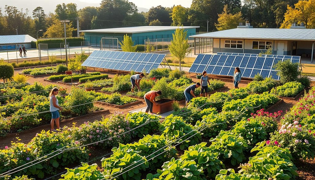 A lush, verdant community garden nestled within a bustling sports complex. In the foreground, a group of enthusiastic volunteers tend to thriving vegetable patches and flowering plants, their faces alight with purpose. In the middle ground, a solar-powered irrigation system waters the beds, its sleek panels reflecting the warm afternoon sunlight. In the background, the multi-purpose sports facilities stand as a testament to the integration of sustainability and athletic pursuits, their eco-friendly design complementing the vibrant green space. The scene exudes a sense of harmony, where the community's passion for the environment and their love of sports converge, creating a model of sustainability that inspires and uplifts. A lush, verdant community garden nestled within a bustling sports complex. In the foreground, a group of enthusiastic volunteers tend to thriving vegetable patches and flowering plants, their faces alight with purpose. In the middle ground, a solar-powered irrigation system waters the beds, its sleek panels reflecting the warm afternoon sunlight. In the background, the multi-purpose sports facilities stand as a testament to the integration of sustainability and athletic pursuits, their eco-friendly design complementing the vibrant green space. The scene exudes a sense of harmony, where the community's passion for the environment and their love of sports converge, creating a model of sustainability that inspires and uplifts.