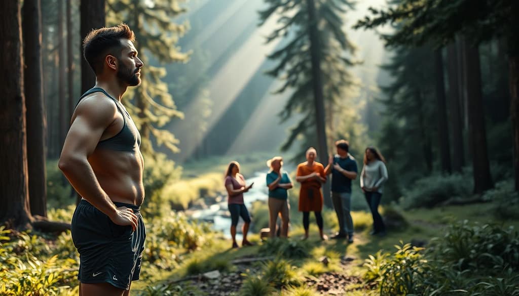 A serene forest landscape with a prominent athlete standing in the foreground, deep in contemplation. The athlete's athletic gear and physique suggest power and performance, yet their pensive expression conveys a sense of concern for the environment. In the middle ground, a group of diverse environmental advocates engage in a lively discussion, gesturing towards the athlete and the surrounding natural setting. The background features towering trees, a winding river, and rays of soft, diffused sunlight filtering through the canopy, creating a tranquil and introspective atmosphere. The scene evokes the meaningful partnership between athletes and environmental non-governmental organizations, working together to promote sustainability and reduce the impact of sports on the natural world. A serene forest landscape with a prominent athlete standing in the foreground, deep in contemplation. The athlete's athletic gear and physique suggest power and performance, yet their pensive expression conveys a sense of concern for the environment. In the middle ground, a group of diverse environmental advocates engage in a lively discussion, gesturing towards the athlete and the surrounding natural setting. The background features towering trees, a winding river, and rays of soft, diffused sunlight filtering through the canopy, creating a tranquil and introspective atmosphere. The scene evokes the meaningful partnership between athletes and environmental non-governmental organizations, working together to promote sustainability and reduce the impact of sports on the natural world.