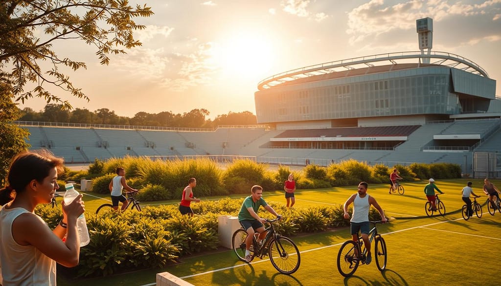 A serene outdoor sports arena bathed in warm, golden sunlight. In the foreground, athletes engage in various eco-friendly activities - recycling water bottles, using biodegradable equipment, and riding bicycles. The middle ground features lush, verdant landscaping with solar panels dotting the rooftops. In the background, a modern, energy-efficient stadium stands tall, its façade adorned with sustainability certifications. The overall atmosphere conveys a sense of harmony between athletic performance and environmental responsibility, showcasing best practices in sports sustainability. A serene outdoor sports arena bathed in warm, golden sunlight. In the foreground, athletes engage in various eco-friendly activities - recycling water bottles, using biodegradable equipment, and riding bicycles. The middle ground features lush, verdant landscaping with solar panels dotting the rooftops. In the background, a modern, energy-efficient stadium stands tall, its façade adorned with sustainability certifications. The overall atmosphere conveys a sense of harmony between athletic performance and environmental responsibility, showcasing best practices in sports sustainability.