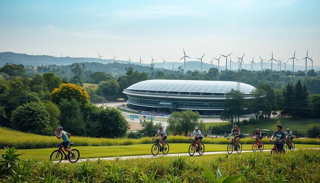 A serene sports complex nestled in a lush, verdant landscape. In the foreground, athletes engage in various eco-friendly activities - a marathon runner powered by renewable energy, cyclists on state-of-the-art electric bikes, and spectators cheering with biodegradable pom-poms. The middle ground showcases a modern, LEED-certified stadium with solar panels gleaming on the rooftop. In the background, towering wind turbines dot the horizon, harnessing the power of nature to fuel the event. Soft, diffused lighting and a warm, earthy color palette create a tranquil, sustainable atmosphere, reflecting the responsible ethos of the venue. A serene sports complex nestled in a lush, verdant landscape. In the foreground, athletes engage in various eco-friendly activities - a marathon runner powered by renewable energy, cyclists on state-of-the-art electric bikes, and spectators cheering with biodegradable pom-poms. The middle ground showcases a modern, LEED-certified stadium with solar panels gleaming on the rooftop. In the background, towering wind turbines dot the horizon, harnessing the power of nature to fuel the event. Soft, diffused lighting and a warm, earthy color palette create a tranquil, sustainable atmosphere, reflecting the responsible ethos of the venue.