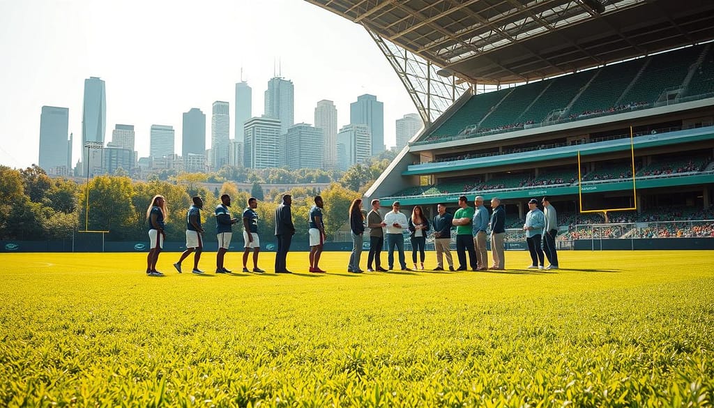A serene sports stadium with a lush, verdant field in the foreground. In the middle ground, a diverse group of athletes, coaches, and team officials engaged in a meeting, discussing sustainability initiatives like recycling programs, renewable energy, and carbon offsets. The background depicts a vibrant cityscape, with skyscrapers and lush greenery, symbolizing the team's commitment to environmental stewardship. The scene is bathed in warm, natural lighting, conveying a sense of optimism and progress. The overall atmosphere is one of collaboration, innovation, and a shared dedication to reducing the environmental impact of professional sports. A serene sports stadium with a lush, verdant field in the foreground. In the middle ground, a diverse group of athletes, coaches, and team officials engaged in a meeting, discussing sustainability initiatives like recycling programs, renewable energy, and carbon offsets. The background depicts a vibrant cityscape, with skyscrapers and lush greenery, symbolizing the team's commitment to environmental stewardship. The scene is bathed in warm, natural lighting, conveying a sense of optimism and progress. The overall atmosphere is one of collaboration, innovation, and a shared dedication to reducing the environmental impact of professional sports.