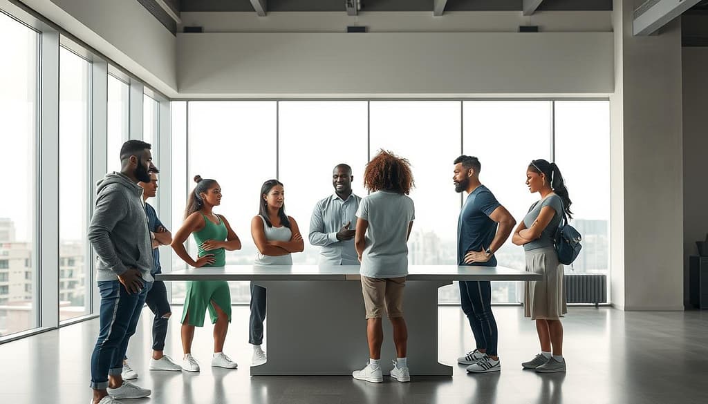 A serene, well-lit indoor setting showcases a group of diverse professional athletes standing confidently, representing a pro sports team. They are gathered around a large conference table, engaged in a thoughtful discussion about sustainability initiatives and social impact strategies. Soft, diffused lighting creates an atmosphere of contemplation and collaboration. The room's modern, minimalist design features large windows overlooking a cityscape, symbolizing the team's role as influential leaders within their community. The athletes' body language and expressions convey a sense of determination and purpose as they chart a course for more sustainable and equitable sports practices. A serene, well-lit indoor setting showcases a group of diverse professional athletes standing confidently, representing a pro sports team. They are gathered around a large conference table, engaged in a thoughtful discussion about sustainability initiatives and social impact strategies. Soft, diffused lighting creates an atmosphere of contemplation and collaboration. The room's modern, minimalist design features large windows overlooking a cityscape, symbolizing the team's role as influential leaders within their community. The athletes' body language and expressions convey a sense of determination and purpose as they chart a course for more sustainable and equitable sports practices.