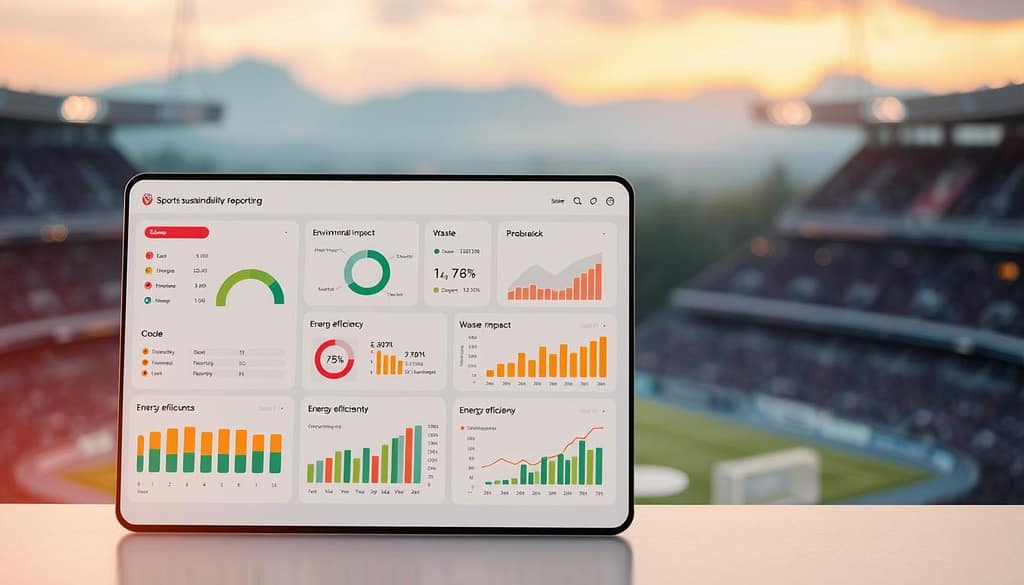 A sleek and intuitive sports sustainability reporting app interface, showcasing a clean and modern design. In the foreground, a dashboard displays key metrics and insights on environmental impact, waste reduction, and energy efficiency of a major sporting event. The middle ground features interactive charts, graphs, and data visualizations, allowing users to deep dive into the event's sustainability initiatives. The background subtly evokes the event's setting, with a softly blurred landscape of the venue or host city providing a calming, natural ambiance. Subtle lighting casts a warm, inviting glow across the interface, creating a sense of professionalism and thoughtfulness. The overall impression is one of a powerful, user-friendly tool that empowers event organizers to track, analyze, and communicate their sustainability efforts. A sleek and intuitive sports sustainability reporting app interface, showcasing a clean and modern design. In the foreground, a dashboard displays key metrics and insights on environmental impact, waste reduction, and energy efficiency of a major sporting event. The middle ground features interactive charts, graphs, and data visualizations, allowing users to deep dive into the event's sustainability initiatives. The background subtly evokes the event's setting, with a softly blurred landscape of the venue or host city providing a calming, natural ambiance. Subtle lighting casts a warm, inviting glow across the interface, creating a sense of professionalism and thoughtfulness. The overall impression is one of a powerful, user-friendly tool that empowers event organizers to track, analyze, and communicate their sustainability efforts.