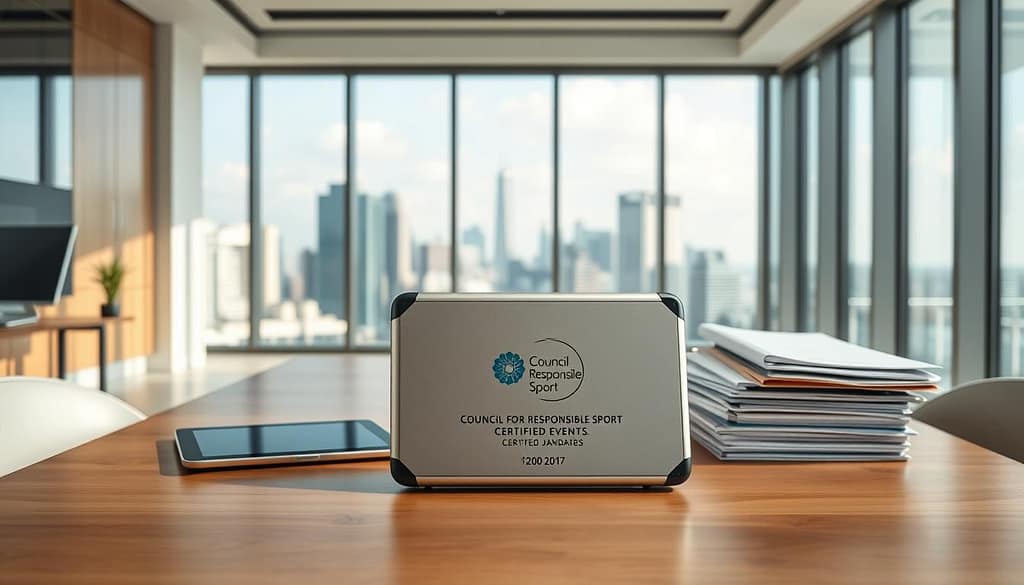 A sleek, modern office setting with minimalist decor and natural lighting. In the foreground, a wooden table displays a silver certification case emblazoned with the Council for Responsible Sport logo. The case is flanked by a tablet device and a stack of documents, suggesting an evaluation or review process. In the middle ground, floor-to-ceiling windows offer a view of a vibrant city skyline, hinting at the scale and impact of the certified event. The overall atmosphere conveys a sense of professionalism, sustainability, and the rigorous standards upheld by the Council for Responsible Sport. A sleek, modern office setting with minimalist decor and natural lighting. In the foreground, a wooden table displays a silver certification case emblazoned with the Council for Responsible Sport logo. The case is flanked by a tablet device and a stack of documents, suggesting an evaluation or review process. In the middle ground, floor-to-ceiling windows offer a view of a vibrant city skyline, hinting at the scale and impact of the certified event. The overall atmosphere conveys a sense of professionalism, sustainability, and the rigorous standards upheld by the Council for Responsible Sport.