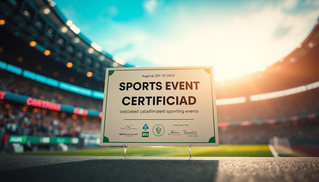 A sports event certification, displayed prominently in the foreground, stands against a blurred backdrop of a lively stadium or arena. The certification is rendered in a sleek, modern design, with clean lines and a minimalist aesthetic that conveys a sense of professionalism and credibility. The lighting is soft and directional, creating a warm, inviting atmosphere that complements the subject. The camera angle is slightly elevated, giving the viewer a sense of authority and importance associated with the certification. The overall mood is one of achievement, success, and the validation of a well-organized, sustainable sporting event. A sports event certification, displayed prominently in the foreground, stands against a blurred backdrop of a lively stadium or arena. The certification is rendered in a sleek, modern design, with clean lines and a minimalist aesthetic that conveys a sense of professionalism and credibility. The lighting is soft and directional, creating a warm, inviting atmosphere that complements the subject. The camera angle is slightly elevated, giving the viewer a sense of authority and importance associated with the certification. The overall mood is one of achievement, success, and the validation of a well-organized, sustainable sporting event.
