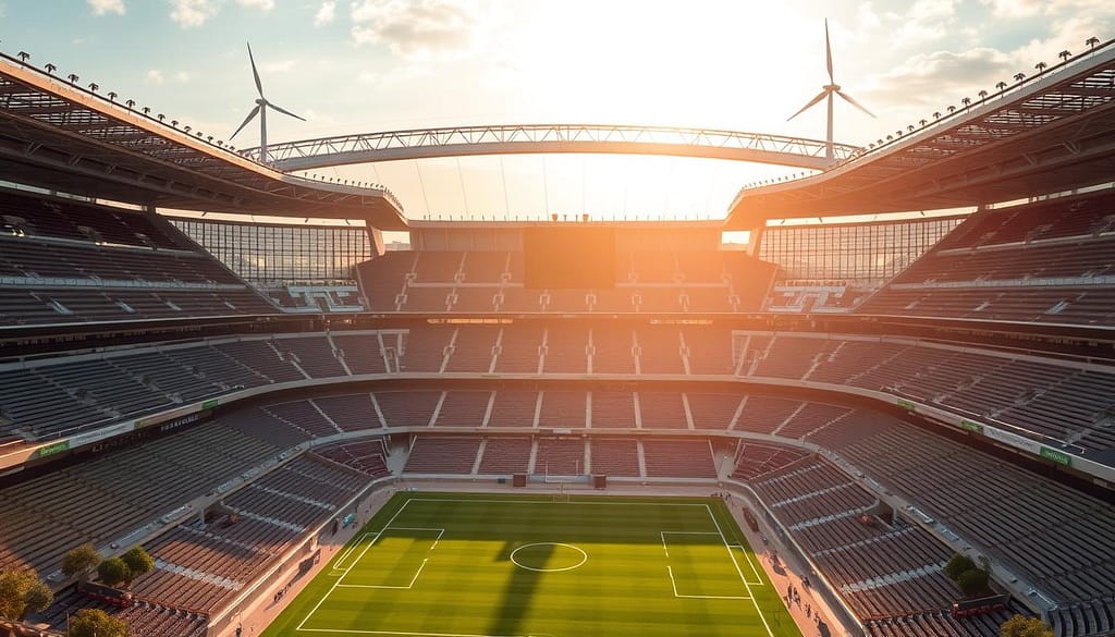 A state-of-the-art LEED-certified sports stadium, its sleek modern architecture bathed in warm, diffused natural light filtering through expansive glass facades. The venue's rooftop solar panels and wind turbines stand prominently, showcasing renewable energy integration. In the foreground, a lush green playing field surrounded by ergonomic spectator seating made from recycled materials. The middle ground features water conservation systems and native landscaping, while the background depicts the stadium's energy-efficient, climate-responsive building envelope. An atmosphere of environmental responsibility and sustainable design excellence permeates the scene. A state-of-the-art LEED-certified sports stadium, its sleek modern architecture bathed in warm, diffused natural light filtering through expansive glass facades. The venue's rooftop solar panels and wind turbines stand prominently, showcasing renewable energy integration. In the foreground, a lush green playing field surrounded by ergonomic spectator seating made from recycled materials. The middle ground features water conservation systems and native landscaping, while the background depicts the stadium's energy-efficient, climate-responsive building envelope. An atmosphere of environmental responsibility and sustainable design excellence permeates the scene.