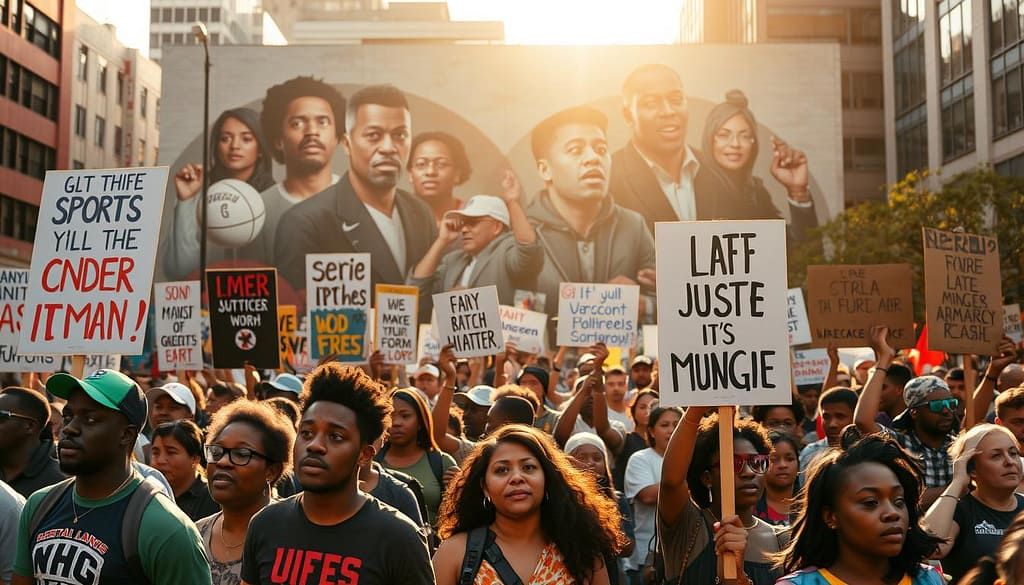 A vibrant crowd rallies in a city square, hoisting signs and banners highlighting social justice causes. In the foreground, athletes and activists stand shoulder-to-shoulder, their expressions resolute. The middle ground features a diverse group of people chanting and marching, their energy palpable. In the background, a mural depicting influential figures from sports and social movements serves as a powerful backdrop, bathed in warm, golden light. The scene conveys a sense of unity, passion, and a shared determination to drive positive change through collective action. A vibrant crowd rallies in a city square, hoisting signs and banners highlighting social justice causes. In the foreground, athletes and activists stand shoulder-to-shoulder, their expressions resolute. The middle ground features a diverse group of people chanting and marching, their energy palpable. In the background, a mural depicting influential figures from sports and social movements serves as a powerful backdrop, bathed in warm, golden light. The scene conveys a sense of unity, passion, and a shared determination to drive positive change through collective action.