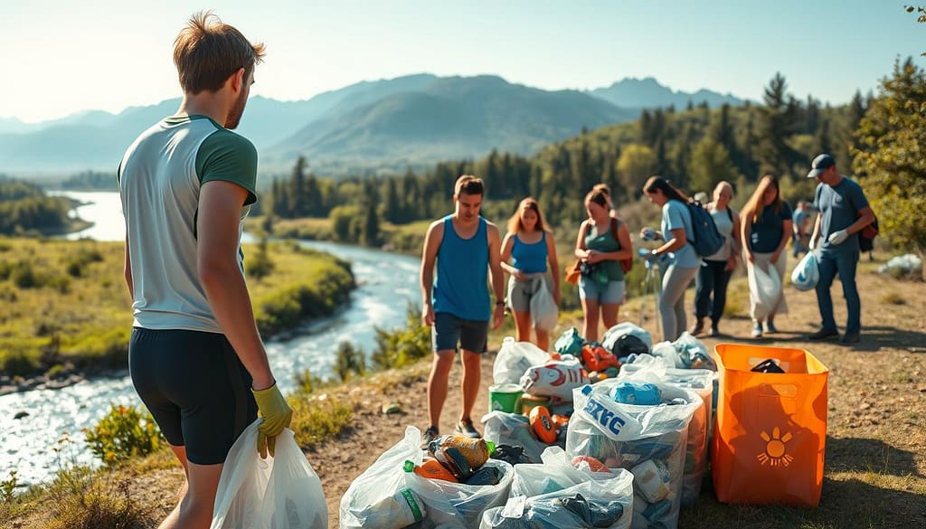 A vibrant outdoor scene of an athlete leading a team of volunteers in an environmental cleanup initiative. In the foreground, the athlete, clad in their sports uniform, guides a group of people in collecting litter and sorting recyclables. The middle ground showcases the scenic natural setting, with lush greenery, a sparkling river, and mountains in the distance, conveying a sense of environmental preservation. Soft, warm lighting bathes the scene, creating a hopeful and inspirational atmosphere. The camera angle is positioned slightly elevated, capturing the collaborative spirit and sense of purpose among the group. The image emphasizes the athlete's role in driving positive change and their commitment to sustainable practices. A vibrant outdoor scene of an athlete leading a team of volunteers in an environmental cleanup initiative. In the foreground, the athlete, clad in their sports uniform, guides a group of people in collecting litter and sorting recyclables. The middle ground showcases the scenic natural setting, with lush greenery, a sparkling river, and mountains in the distance, conveying a sense of environmental preservation. Soft, warm lighting bathes the scene, creating a hopeful and inspirational atmosphere. The camera angle is positioned slightly elevated, capturing the collaborative spirit and sense of purpose among the group. The image emphasizes the athlete's role in driving positive change and their commitment to sustainable practices.