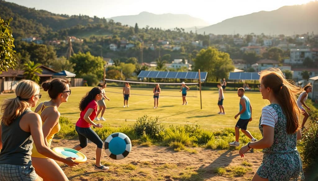 A vibrant outdoor scene showcasing best practices for sports sustainability. In the foreground, a group of community members engage in a friendly game of eco-friendly sports like frisbee or beach volleyball, using recycled equipment. The middle ground features a well-maintained, natural playing field with lush greenery and renewable energy sources like solar panels. In the background, a backdrop of hills or cityscape with sustainable architecture and tree-lined streets. The lighting is warm and golden, capturing the positive, community-driven atmosphere. The overall composition conveys a sense of harmony between sports, the environment, and the local community. A vibrant outdoor scene showcasing best practices for sports sustainability. In the foreground, a group of community members engage in a friendly game of eco-friendly sports like frisbee or beach volleyball, using recycled equipment. The middle ground features a well-maintained, natural playing field with lush greenery and renewable energy sources like solar panels. In the background, a backdrop of hills or cityscape with sustainable architecture and tree-lined streets. The lighting is warm and golden, capturing the positive, community-driven atmosphere. The overall composition conveys a sense of harmony between sports, the environment, and the local community.