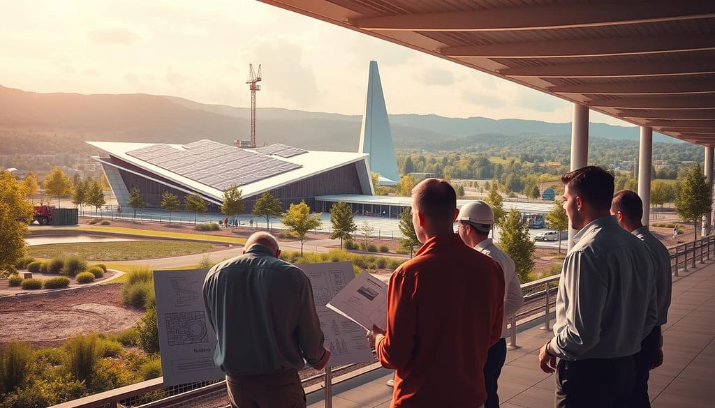 A modern sports facility with a focus on sustainable design and LEED certification. In the foreground, a group of architects and engineers gathered around a digital rendering, discussing the building's energy-efficient systems and renewable materials. In the middle ground, construction workers oversee the installation of solar panels on the facility's rooftop. In the background, the facility's sleek, angular architecture stands tall, complemented by lush greenery and a tranquil pond. The scene is bathed in warm, natural lighting, conveying a sense of environmental consciousness and dedication to sustainable practices. A modern sports facility with a focus on sustainable design and LEED certification. In the foreground, a group of architects and engineers gathered around a digital rendering, discussing the building's energy-efficient systems and renewable materials. In the middle ground, construction workers oversee the installation of solar panels on the facility's rooftop. In the background, the facility's sleek, angular architecture stands tall, complemented by lush greenery and a tranquil pond. The scene is bathed in warm, natural lighting, conveying a sense of environmental consciousness and dedication to sustainable practices.