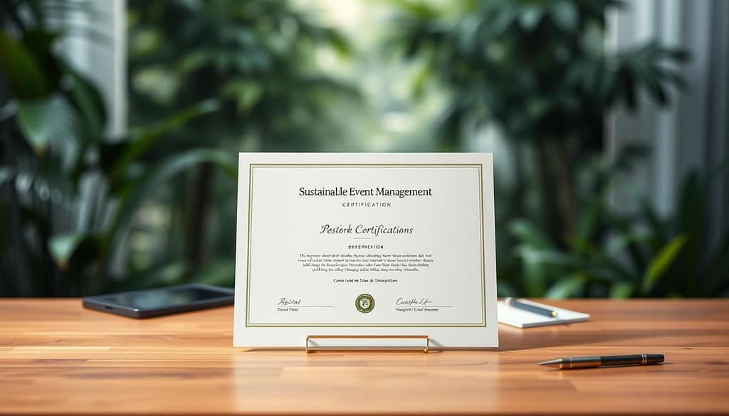 A serene and harmonious scene of a sustainable event management certification. In the foreground, a sleek and minimalist certificate with clean lines and a muted color palette, resting on a wooden surface. The middle ground features elegant event planning tools such as a tablet, a checklist, and a pen, all arranged in a visually appealing manner. The background showcases a blurred, nature-inspired backdrop with lush greenery and a soft, diffused lighting, conveying a sense of environmental consciousness and balance. The overall atmosphere is one of professionalism, attention to detail, and a commitment to sustainable practices in event management. A serene and harmonious scene of a sustainable event management certification. In the foreground, a sleek and minimalist certificate with clean lines and a muted color palette, resting on a wooden surface. The middle ground features elegant event planning tools such as a tablet, a checklist, and a pen, all arranged in a visually appealing manner. The background showcases a blurred, nature-inspired backdrop with lush greenery and a soft, diffused lighting, conveying a sense of environmental consciousness and balance. The overall atmosphere is one of professionalism, attention to detail, and a commitment to sustainable practices in event management.