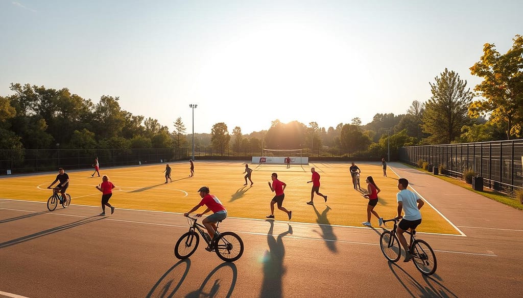 A serene outdoor sports facility, bathed in warm afternoon sunlight. In the foreground, a group of athletes engage in sustainable activities - cycling, running, and playing on eco-friendly playing surfaces. The midground features energy-efficient lighting, water conservation systems, and renewable energy sources powering the venue. In the background, lush greenery and well-designed landscaping create a harmonious, nature-inspired setting. The overall scene conveys a sense of environmental responsibility, technological innovation, and a commitment to promoting healthy, sustainable lifestyles through sports. A serene outdoor sports facility, bathed in warm afternoon sunlight. In the foreground, a group of athletes engage in sustainable activities - cycling, running, and playing on eco-friendly playing surfaces. The midground features energy-efficient lighting, water conservation systems, and renewable energy sources powering the venue. In the background, lush greenery and well-designed landscaping create a harmonious, nature-inspired setting. The overall scene conveys a sense of environmental responsibility, technological innovation, and a commitment to promoting healthy, sustainable lifestyles through sports.