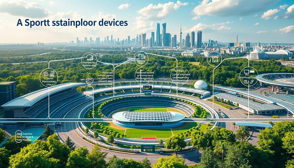 A sleek, modern roadmap depicting the steps towards sports sustainability, rendered in a stylized, infographic-like layout. In the foreground, a series of interconnected icons and diagrams illustrate the key milestones, such as policy implementation, carbon footprint reduction, and waste management. The middle ground showcases a panoramic view of a state-of-the-art sports stadium, surrounded by lush, environmentally-conscious landscaping. In the background, a vibrant cityscape with skyscrapers and renewable energy sources conveys a vision of a sustainable future for global sports events. The overall mood is one of progress, innovation, and a steadfast commitment to environmental responsibility. A sleek, modern roadmap depicting the steps towards sports sustainability, rendered in a stylized, infographic-like layout. In the foreground, a series of interconnected icons and diagrams illustrate the key milestones, such as policy implementation, carbon footprint reduction, and waste management. The middle ground showcases a panoramic view of a state-of-the-art sports stadium, surrounded by lush, environmentally-conscious landscaping. In the background, a vibrant cityscape with skyscrapers and renewable energy sources conveys a vision of a sustainable future for global sports events. The overall mood is one of progress, innovation, and a steadfast commitment to environmental responsibility.