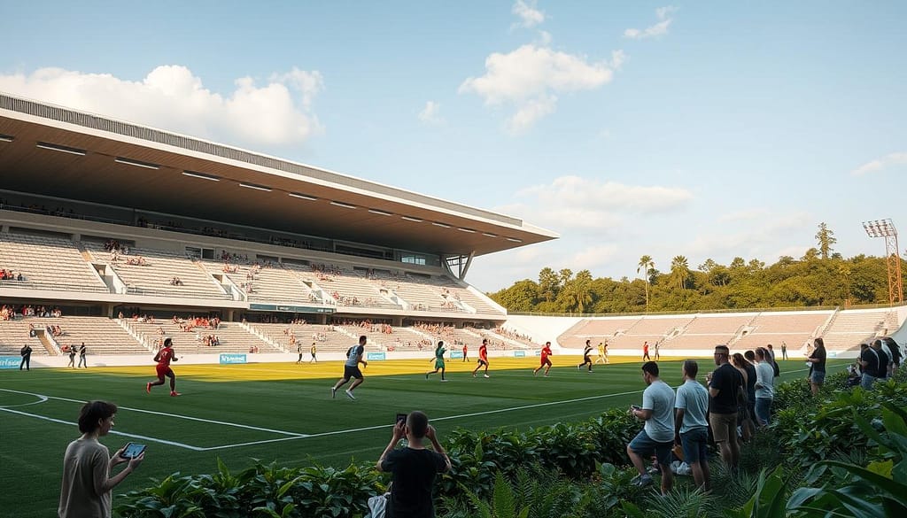 A sleek, modern sports stadium with a minimalist design, showcasing sustainable architectural features such as solar panels, rainwater harvesting systems, and energy-efficient lighting. In the foreground, a group of athletes compete in a low-impact, eco-friendly sport, their movements captured in a dynamic, cinematic manner. The middle ground features spectators engaged in the event, some using mobile devices to access real-time data and analytics about the sustainability metrics of the venue. In the background, a lush, green landscape with native flora and fauna creates a sense of harmony between the built environment and the natural world. A sleek, modern sports stadium with a minimalist design, showcasing sustainable architectural features such as solar panels, rainwater harvesting systems, and energy-efficient lighting. In the foreground, a group of athletes compete in a low-impact, eco-friendly sport, their movements captured in a dynamic, cinematic manner. The middle ground features spectators engaged in the event, some using mobile devices to access real-time data and analytics about the sustainability metrics of the venue. In the background, a lush, green landscape with native flora and fauna creates a sense of harmony between the built environment and the natural world.