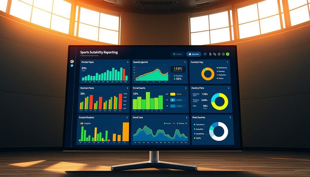 A sports sustainability reporting dashboard displayed on a large, high-resolution monitor. The dashboard features a clean, minimalist design with sleek, modern UI elements. Vibrant data visualizations, such as bar graphs, line charts, and pie charts, provide real-time insights into key sustainability metrics for a professional sports organization. The dashboard is bathed in warm, natural lighting that creates a sense of professionalism and innovation. The overall atmosphere conveys a commitment to environmental responsibility and data-driven decision-making in the world of sports. A sports sustainability reporting dashboard displayed on a large, high-resolution monitor. The dashboard features a clean, minimalist design with sleek, modern UI elements. Vibrant data visualizations, such as bar graphs, line charts, and pie charts, provide real-time insights into key sustainability metrics for a professional sports organization. The dashboard is bathed in warm, natural lighting that creates a sense of professionalism and innovation. The overall atmosphere conveys a commitment to environmental responsibility and data-driven decision-making in the world of sports.