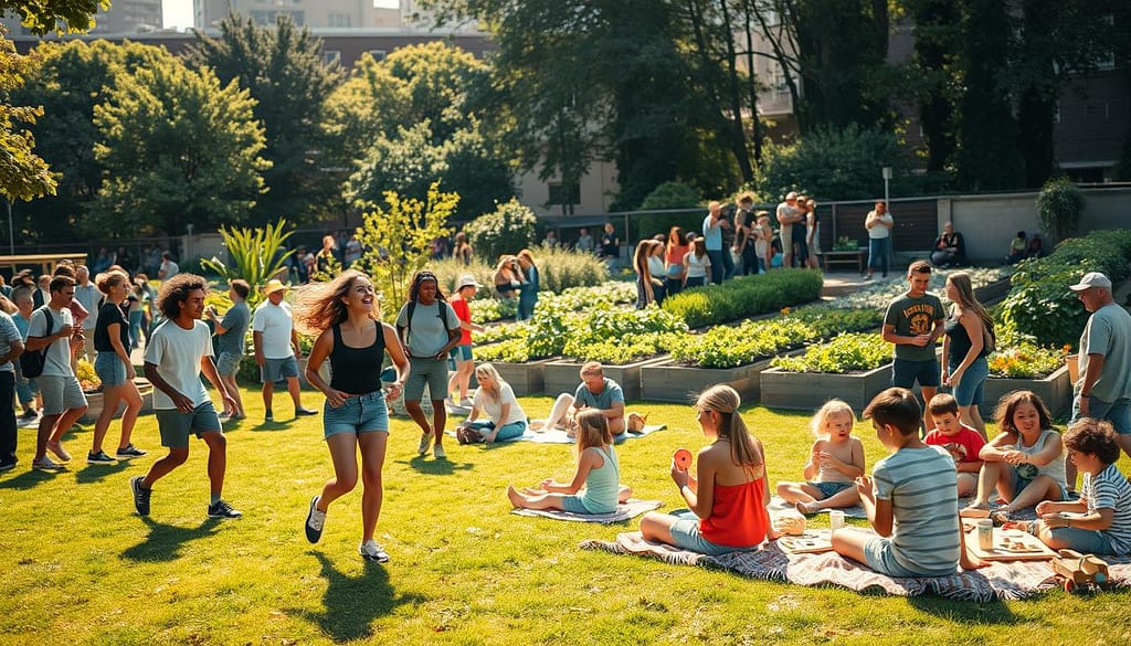 A vibrant community gathering in a sun-dappled urban park, where people of all ages engage in a variety of sustainable sports and activities. In the foreground, a group of teenagers participates in a pickup game of eco-friendly frisbee, their laughter and camaraderie filling the air. In the middle ground, families picnic on recycled blankets, children playing with handcrafted wooden toys. In the background, a community garden overflows with lush greenery, individuals tending to the plants. The scene is illuminated by warm, natural lighting, captured through a wide-angle lens that emphasizes the sense of inclusivity and shared purpose. An atmosphere of harmony, collaboration, and environmental stewardship permeates the image. A vibrant community gathering in a sun-dappled urban park, where people of all ages engage in a variety of sustainable sports and activities. In the foreground, a group of teenagers participates in a pickup game of eco-friendly frisbee, their laughter and camaraderie filling the air. In the middle ground, families picnic on recycled blankets, children playing with handcrafted wooden toys. In the background, a community garden overflows with lush greenery, individuals tending to the plants. The scene is illuminated by warm, natural lighting, captured through a wide-angle lens that emphasizes the sense of inclusivity and shared purpose. An atmosphere of harmony, collaboration, and environmental stewardship permeates the image.