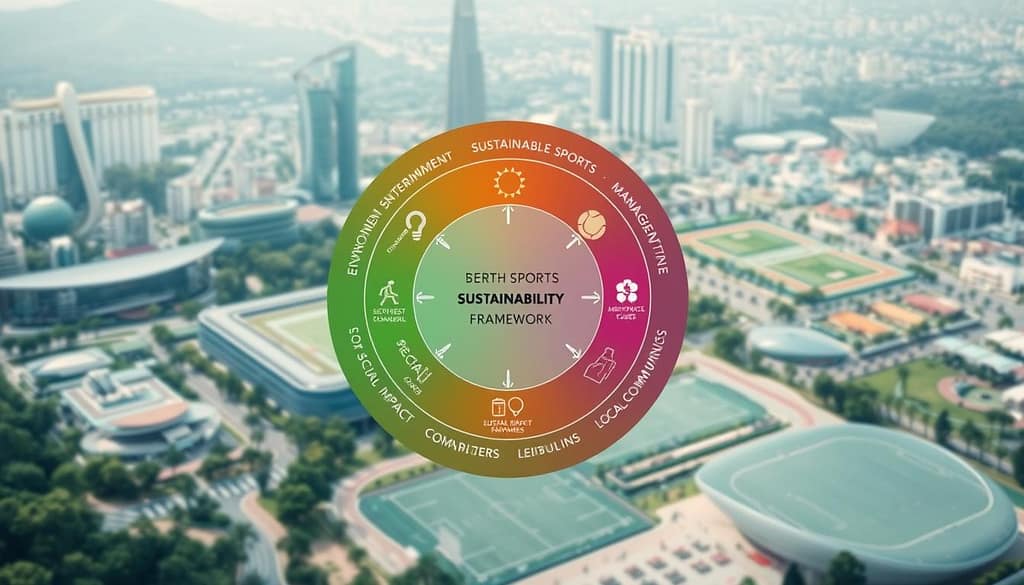 A vibrant sports sustainability framework takes center stage, showcasing a dynamic array of interconnected elements. In the foreground, a circular diagram depicts the key pillars of sustainable sports management - environmental conservation, social impact, and economic viability. The middle ground features stylized icons representing the various stakeholders, from athletes and coaches to event organizers and local communities. In the background, a cityscape with modern sports facilities and green spaces creates a holistic, integrated landscape. Soft, diffused lighting illuminates the scene, conveying a sense of balance and harmony. The overall composition emphasizes the importance of collaborative, data-driven approaches to building sustainable sports ecosystems. A vibrant sports sustainability framework takes center stage, showcasing a dynamic array of interconnected elements. In the foreground, a circular diagram depicts the key pillars of sustainable sports management - environmental conservation, social impact, and economic viability. The middle ground features stylized icons representing the various stakeholders, from athletes and coaches to event organizers and local communities. In the background, a cityscape with modern sports facilities and green spaces creates a holistic, integrated landscape. Soft, diffused lighting illuminates the scene, conveying a sense of balance and harmony. The overall composition emphasizes the importance of collaborative, data-driven approaches to building sustainable sports ecosystems.