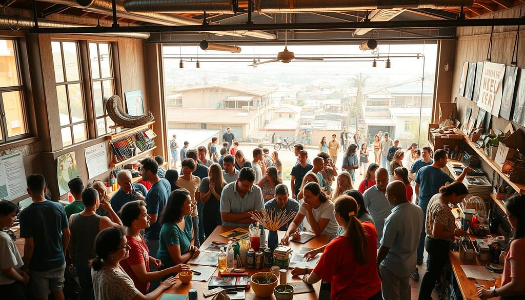 A bustling community hub, filled with vibrant energy and a palpable sense of shared purpose. In the foreground, a diverse group of individuals gather around a central table, engaged in animated discussions and collaborating on various projects. The scene is illuminated by warm, natural lighting that filters through large windows, casting a soft glow over the space. In the middle ground, various tools and resources are neatly organized on shelves, showcasing the community's commitment to sustainable practices. Posters and informational displays adorn the walls, highlighting inspiring success stories and guiding principles. The background reveals a panoramic view of the surrounding neighborhood, with people of all ages and backgrounds interacting, sharing ideas, and working together towards a common goal. The overall atmosphere is one of unity, innovation, and a shared sense of empowerment. A bustling community hub, filled with vibrant energy and a palpable sense of shared purpose. In the foreground, a diverse group of individuals gather around a central table, engaged in animated discussions and collaborating on various projects. The scene is illuminated by warm, natural lighting that filters through large windows, casting a soft glow over the space. In the middle ground, various tools and resources are neatly organized on shelves, showcasing the community's commitment to sustainable practices. Posters and informational displays adorn the walls, highlighting inspiring success stories and guiding principles. The background reveals a panoramic view of the surrounding neighborhood, with people of all ages and backgrounds interacting, sharing ideas, and working together towards a common goal. The overall atmosphere is one of unity, innovation, and a shared sense of empowerment.