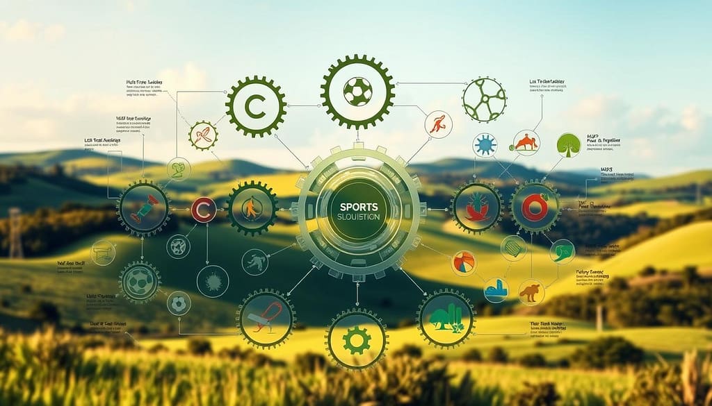 A detailed blueprint for grassroots sports sustainability, composed of interconnected elements in a harmonious, organic layout. The foreground features a central framework of interlocking gears and cogs, symbolizing the intricate mechanisms that drive sustainable sports initiatives. The middle ground showcases vibrant illustrations of various sports disciplines, each contributing to the overall sustainability ecosystem. In the background, a verdant landscape with rolling hills and lush greenery sets the stage, evoking a sense of nature-centric harmony. The lighting is warm and inviting, with soft shadows and highlights accentuating the dynamic, collaborative nature of the framework. The overall composition conveys a sense of balance, resilience, and a holistic approach to grassroots sports sustainability. A detailed blueprint for grassroots sports sustainability, composed of interconnected elements in a harmonious, organic layout. The foreground features a central framework of interlocking gears and cogs, symbolizing the intricate mechanisms that drive sustainable sports initiatives. The middle ground showcases vibrant illustrations of various sports disciplines, each contributing to the overall sustainability ecosystem. In the background, a verdant landscape with rolling hills and lush greenery sets the stage, evoking a sense of nature-centric harmony. The lighting is warm and inviting, with soft shadows and highlights accentuating the dynamic, collaborative nature of the framework. The overall composition conveys a sense of balance, resilience, and a holistic approach to grassroots sports sustainability.