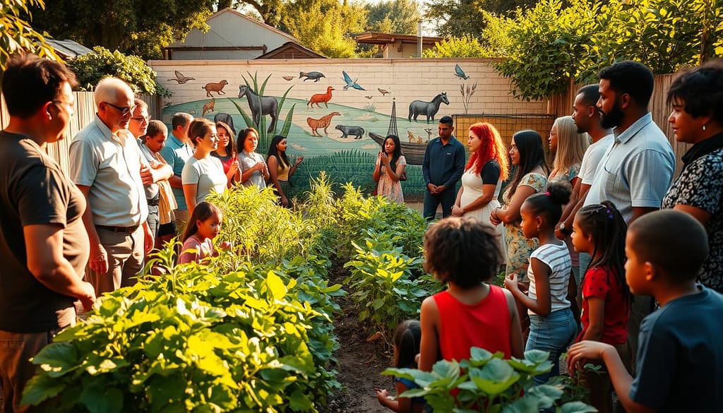 A diverse group of environmental leaders gathered in a vibrant community garden, their faces lit by warm, golden sunlight filtering through lush greenery. In the foreground, a group of adults and children tend to the flourishing plants, their expressions thoughtful and engaged. In the middle ground, a circle of community members listen intently to a speaker, their body language conveying a sense of collaboration and shared purpose. In the background, a mural depicting local wildlife and landmarks sets the scene, creating a sense of connection to the neighborhood. The overall atmosphere evokes a feeling of unity, progress, and a shared commitment to sustainable, community-driven environmental initiatives. A diverse group of environmental leaders gathered in a vibrant community garden, their faces lit by warm, golden sunlight filtering through lush greenery. In the foreground, a group of adults and children tend to the flourishing plants, their expressions thoughtful and engaged. In the middle ground, a circle of community members listen intently to a speaker, their body language conveying a sense of collaboration and shared purpose. In the background, a mural depicting local wildlife and landmarks sets the scene, creating a sense of connection to the neighborhood. The overall atmosphere evokes a feeling of unity, progress, and a shared commitment to sustainable, community-driven environmental initiatives.