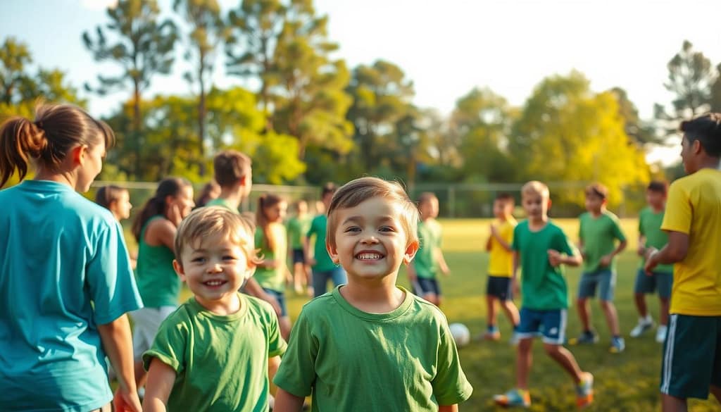 A diverse group of green ambassadors gathered in a lush, verdant community sports field. Vibrant jerseys in shades of green, blue, and yellow adorn their athletic frames as they engage in a spirited game of soccer, their movements imbued with a sense of purpose and camaraderie. In the foreground, a young child in a green t-shirt cheers enthusiastically, their face lit by the warm, golden glow of the afternoon sun. In the background, a backdrop of towering trees and a clear, azure sky creates a serene and harmonious setting, underscoring the connection between sports, community, and environmental stewardship. A diverse group of green ambassadors gathered in a lush, verdant community sports field. Vibrant jerseys in shades of green, blue, and yellow adorn their athletic frames as they engage in a spirited game of soccer, their movements imbued with a sense of purpose and camaraderie. In the foreground, a young child in a green t-shirt cheers enthusiastically, their face lit by the warm, golden glow of the afternoon sun. In the background, a backdrop of towering trees and a clear, azure sky creates a serene and harmonious setting, underscoring the connection between sports, community, and environmental stewardship.