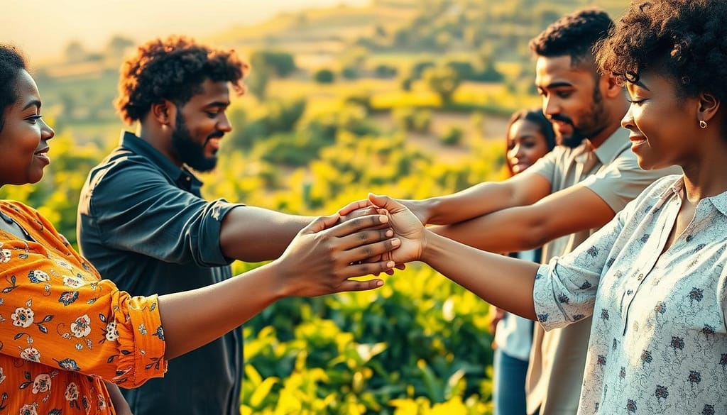 A diverse group of people from different backgrounds collaborate harmoniously, overcoming obstacles through open communication and shared understanding. In the foreground, hands intertwine, symbolizing unity and teamwork. The middle ground features a vibrant natural landscape, lush with verdant foliage, suggesting the fertile ground for their collective progress. Warm, golden lighting bathes the scene, creating a sense of optimism and possibility. The composition is balanced, with clean lines and a sense of fluidity, mirroring the collaborative spirit. An atmosphere of camaraderie, empathy, and mutual respect permeates the image, inspiring a vision of social progress achieved through collaborative effort. A diverse group of people from different backgrounds collaborate harmoniously, overcoming obstacles through open communication and shared understanding. In the foreground, hands intertwine, symbolizing unity and teamwork. The middle ground features a vibrant natural landscape, lush with verdant foliage, suggesting the fertile ground for their collective progress. Warm, golden lighting bathes the scene, creating a sense of optimism and possibility. The composition is balanced, with clean lines and a sense of fluidity, mirroring the collaborative spirit. An atmosphere of camaraderie, empathy, and mutual respect permeates the image, inspiring a vision of social progress achieved through collaborative effort.
