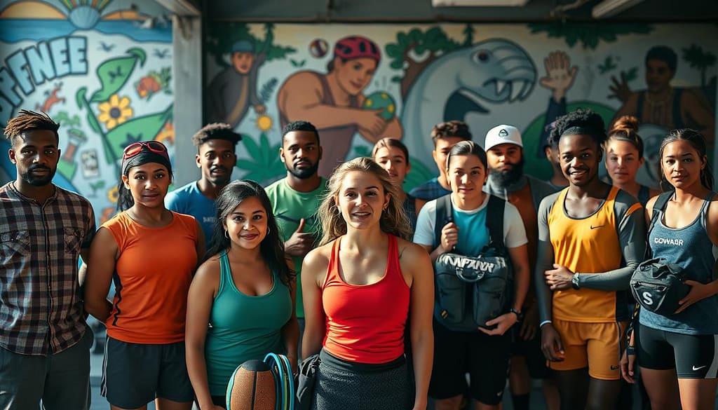 A group of diverse athletes standing together, united in their commitment to climate change initiatives. In the foreground, a powerful scene of athletes passionately addressing the camera, their faces lit by warm, natural lighting that casts dramatic shadows. In the middle ground, an array of eco-friendly sports equipment and sustainable apparel, symbolizing their advocacy for green alternatives. The background features a vibrant, dynamic mural depicting environmental themes, creating a visually striking and inspiring composition. The overall atmosphere conveys a sense of determination, hope, and a call to action for others to join the movement. A group of diverse athletes standing together, united in their commitment to climate change initiatives. In the foreground, a powerful scene of athletes passionately addressing the camera, their faces lit by warm, natural lighting that casts dramatic shadows. In the middle ground, an array of eco-friendly sports equipment and sustainable apparel, symbolizing their advocacy for green alternatives. The background features a vibrant, dynamic mural depicting environmental themes, creating a visually striking and inspiring composition. The overall atmosphere conveys a sense of determination, hope, and a call to action for others to join the movement.