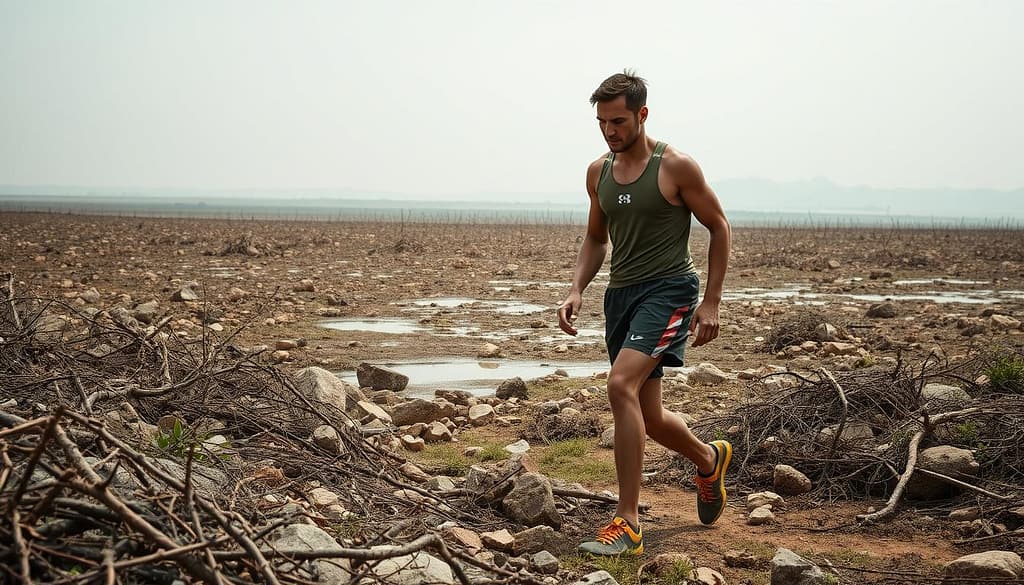 A sprawling field of challenges, obstacles, and barriers stands before a determined athlete, striving to overcome adversity. In the foreground, a tangle of thorns, rocks, and tangled vines impede progress. The middle ground reveals a rugged, uneven terrain, dotted with puddles and potholes, testing the athlete's agility and resilience. In the background, a hazy, uncertain horizon suggests the far-reaching nature of the challenges, casting a sense of unease and determination. Diffused, natural lighting casts long shadows, emphasizing the gravitas of the scene. The athlete's posture is one of focus and resolve, undeterred by the daunting obstacles that lie ahead, a testament to the power of sport to drive environmental and social change. A sprawling field of challenges, obstacles, and barriers stands before a determined athlete, striving to overcome adversity. In the foreground, a tangle of thorns, rocks, and tangled vines impede progress. The middle ground reveals a rugged, uneven terrain, dotted with puddles and potholes, testing the athlete's agility and resilience. In the background, a hazy, uncertain horizon suggests the far-reaching nature of the challenges, casting a sense of unease and determination. Diffused, natural lighting casts long shadows, emphasizing the gravitas of the scene. The athlete's posture is one of focus and resolve, undeterred by the daunting obstacles that lie ahead, a testament to the power of sport to drive environmental and social change.