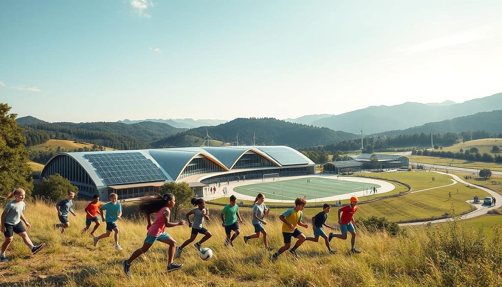 A stunning global sports facility nestled in a serene natural landscape, its architecture seamlessly blending with the surroundings. In the foreground, a group of diverse young athletes engaged in various eco-friendly sports activities, their movements captured in dynamic motion. The middle ground showcases innovative sustainable design elements, such as solar panels, wind turbines, and water harvesting systems, all working in harmony to power the facility. In the background, lush greenery, rolling hills, and a clear blue sky create a tranquil, environmentally-conscious atmosphere. Soft, diffused lighting illuminates the scene, emphasizing the facility's commitment to sustainability and environmental stewardship. This image embodies the integration of sports and eco-awareness, inspiring the youth to embrace a greener future. A stunning global sports facility nestled in a serene natural landscape, its architecture seamlessly blending with the surroundings. In the foreground, a group of diverse young athletes engaged in various eco-friendly sports activities, their movements captured in dynamic motion. The middle ground showcases innovative sustainable design elements, such as solar panels, wind turbines, and water harvesting systems, all working in harmony to power the facility. In the background, lush greenery, rolling hills, and a clear blue sky create a tranquil, environmentally-conscious atmosphere. Soft, diffused lighting illuminates the scene, emphasizing the facility's commitment to sustainability and environmental stewardship. This image embodies the integration of sports and eco-awareness, inspiring the youth to embrace a greener future.