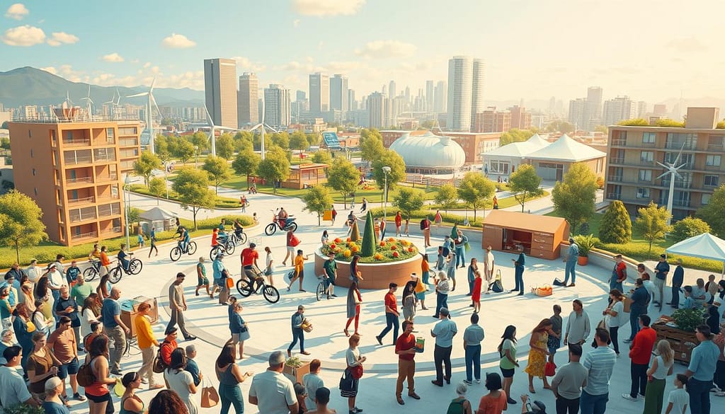 A vibrant illustration showcasing digital and physical sustainability sharing models. In the foreground, people gather around a central platform, exchanging goods, tools, and skills in a collaborative, community-driven manner. The middle ground features various sharing assets like bicycles, sports equipment, and household items, all interconnected through a seamless digital network. In the background, a modern, eco-friendly cityscape sets the stage, with renewable energy sources and green spaces accentuating the sustainable ethos. Warm, natural lighting bathes the scene, evoking a sense of harmony and shared purpose. Captured through a wide-angle lens, the image conveys the holistic and inclusive nature of the resource-sharing ecosystem. A vibrant illustration showcasing digital and physical sustainability sharing models. In the foreground, people gather around a central platform, exchanging goods, tools, and skills in a collaborative, community-driven manner. The middle ground features various sharing assets like bicycles, sports equipment, and household items, all interconnected through a seamless digital network. In the background, a modern, eco-friendly cityscape sets the stage, with renewable energy sources and green spaces accentuating the sustainable ethos. Warm, natural lighting bathes the scene, evoking a sense of harmony and shared purpose. Captured through a wide-angle lens, the image conveys the holistic and inclusive nature of the resource-sharing ecosystem.