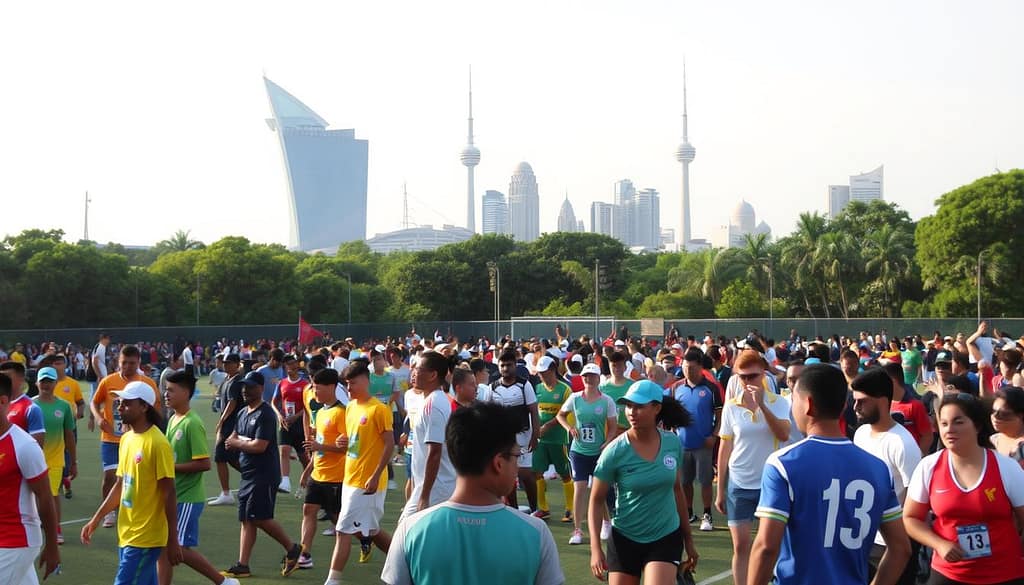 A vibrant international sports community gathered in a dynamic outdoor setting. In the foreground, diverse athletes from around the world engage in various team sports, their uniforms and gear reflecting global diversity. The middle ground features spectators of all ages cheering and interacting, capturing the energy and camaraderie of the event. In the background, iconic architectural landmarks and lush greenery create a visually striking backdrop, symbolizing the global, inclusive nature of the gathering. Warm, natural lighting illuminates the scene, evoking a sense of unity, progress, and the power of sports to connect people across borders. A vibrant international sports community gathered in a dynamic outdoor setting. In the foreground, diverse athletes from around the world engage in various team sports, their uniforms and gear reflecting global diversity. The middle ground features spectators of all ages cheering and interacting, capturing the energy and camaraderie of the event. In the background, iconic architectural landmarks and lush greenery create a visually striking backdrop, symbolizing the global, inclusive nature of the gathering. Warm, natural lighting illuminates the scene, evoking a sense of unity, progress, and the power of sports to connect people across borders.