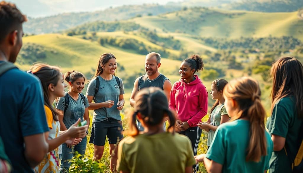 A vibrant outdoor scene featuring a group of young people engaged in a sustainability education coaching session. In the foreground, a diverse group of students actively participate in a hands-on activity, their faces lit with enthusiasm. In the middle ground, a coach, dressed in athletic wear, gestures animatedly while explaining a concept. The background showcases a lush, green landscape with a backdrop of rolling hills, creating a serene and inspiring environment. The lighting is warm and natural, casting a gentle glow over the scene. The overall mood is one of engagement, learning, and a shared commitment to sustainable practices. A vibrant outdoor scene featuring a group of young people engaged in a sustainability education coaching session. In the foreground, a diverse group of students actively participate in a hands-on activity, their faces lit with enthusiasm. In the middle ground, a coach, dressed in athletic wear, gestures animatedly while explaining a concept. The background showcases a lush, green landscape with a backdrop of rolling hills, creating a serene and inspiring environment. The lighting is warm and natural, casting a gentle glow over the scene. The overall mood is one of engagement, learning, and a shared commitment to sustainable practices.
