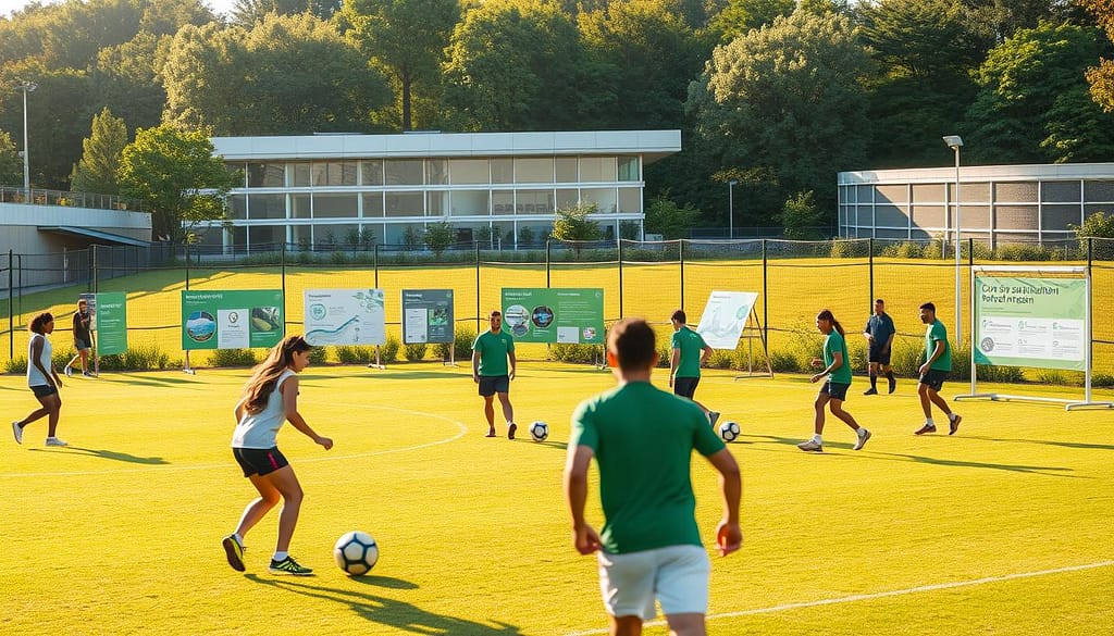 A vibrant scene of a sports sustainability program in action. In the foreground, athletes engage in eco-friendly training exercises on a well-maintained outdoor field, using recycled equipment. The middle ground showcases informative signage and displays highlighting the program's initiatives, such as renewable energy sources and waste reduction efforts. In the background, a modern sports facility blends seamlessly with lush greenery, reflecting the program's commitment to sustainability. The scene is illuminated by warm, golden sunlight, conveying a sense of harmony and progress. The overall atmosphere radiates a palpable spirit of environmental stewardship and community engagement. A vibrant scene of a sports sustainability program in action. In the foreground, athletes engage in eco-friendly training exercises on a well-maintained outdoor field, using recycled equipment. The middle ground showcases informative signage and displays highlighting the program's initiatives, such as renewable energy sources and waste reduction efforts. In the background, a modern sports facility blends seamlessly with lush greenery, reflecting the program's commitment to sustainability. The scene is illuminated by warm, golden sunlight, conveying a sense of harmony and progress. The overall atmosphere radiates a palpable spirit of environmental stewardship and community engagement.