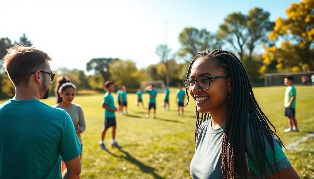 A vibrant sports training session unfolds, with volunteers gathered in a sun-dappled field. In the foreground, a group of diverse individuals practice coaching techniques, their faces alight with enthusiasm. In the middle ground, other volunteers participate in interactive drills, refining their skills to support community programs. The background frames the scene with verdant trees and a clear, azure sky, conveying a sense of tranquility and outdoor vitality. Soft, natural lighting casts a warm glow, highlighting the volunteers' commitment and camaraderie as they prepare to make a positive impact on their local sports community. A vibrant sports training session unfolds, with volunteers gathered in a sun-dappled field. In the foreground, a group of diverse individuals practice coaching techniques, their faces alight with enthusiasm. In the middle ground, other volunteers participate in interactive drills, refining their skills to support community programs. The background frames the scene with verdant trees and a clear, azure sky, conveying a sense of tranquility and outdoor vitality. Soft, natural lighting casts a warm glow, highlighting the volunteers' commitment and camaraderie as they prepare to make a positive impact on their local sports community.